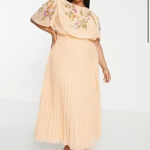 NWT ASOS Curve pleated textured cowl front embroidered mini dress w. belt, coral